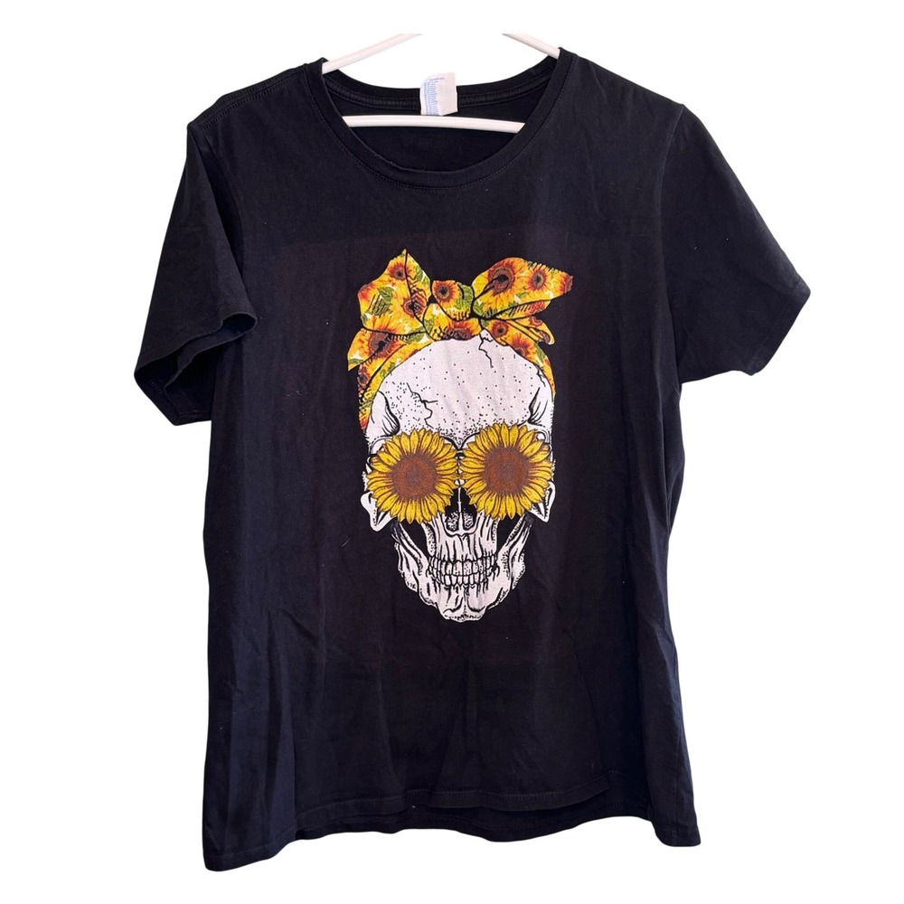 Port & Company Women Casual Grunge Skull Sunflower Graphic T-Shirt Black Size XL